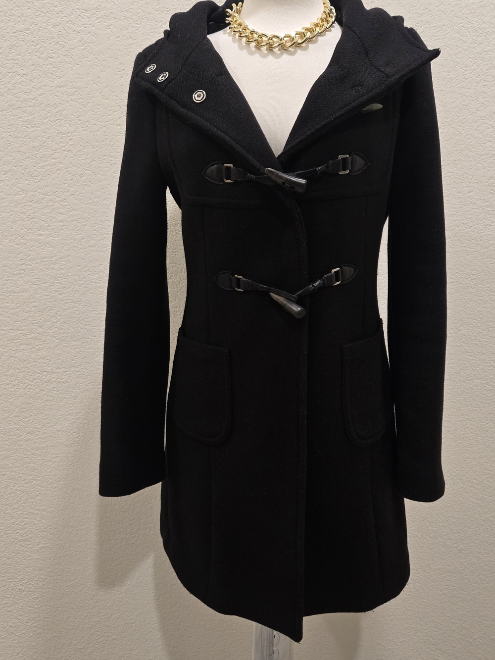 United Colors Of Benetton Black Hooded Toggle Pea Coat S/M